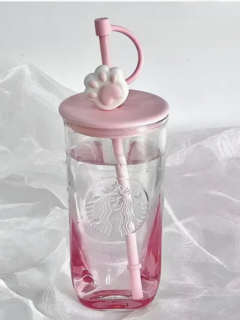 Starbucks China Pink Triangle Glass Cup 16oz  with Adorable Cat Paw Straw Cover